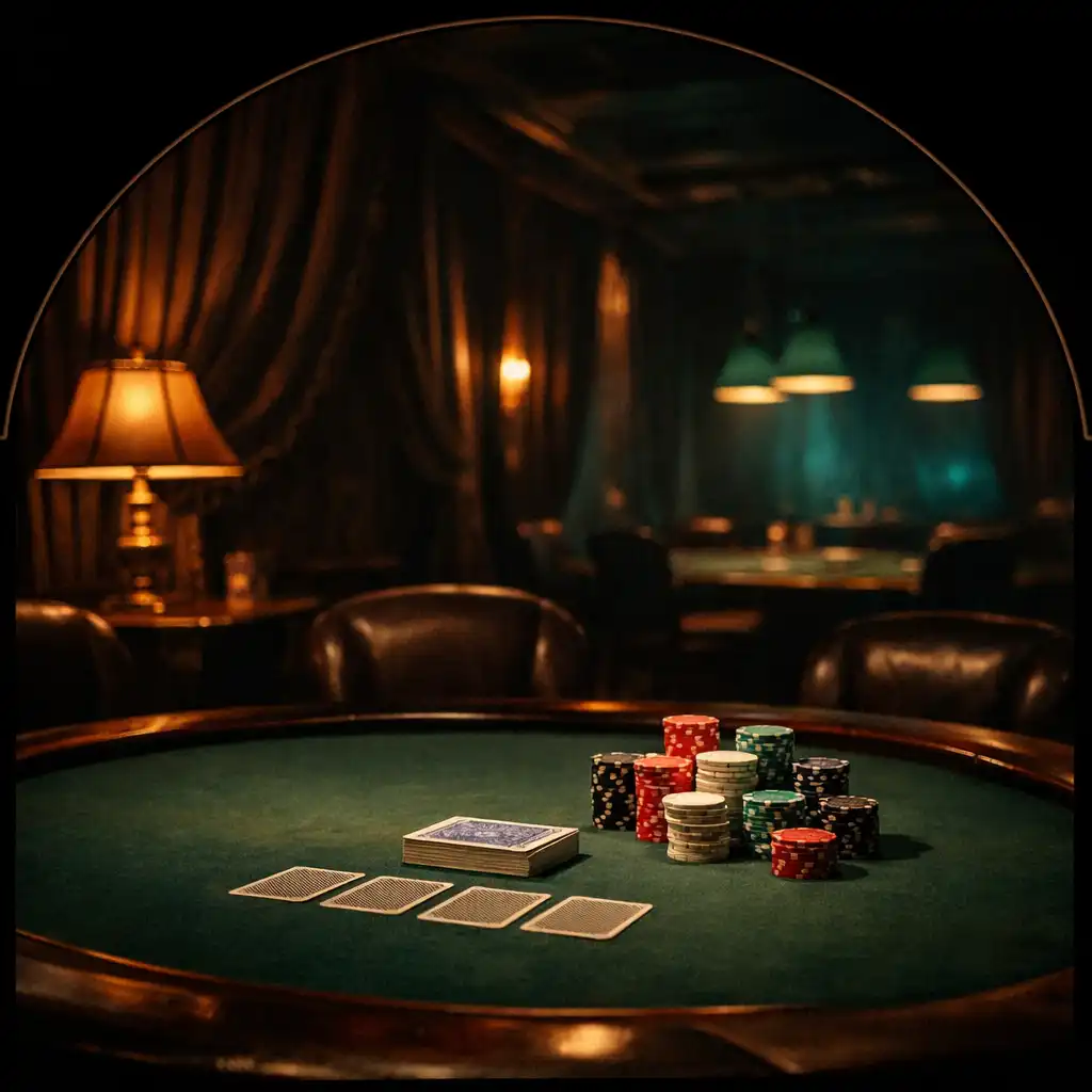 Moody card room with velvet drapes, a poker table, cards, and stacks of chips under warm low light