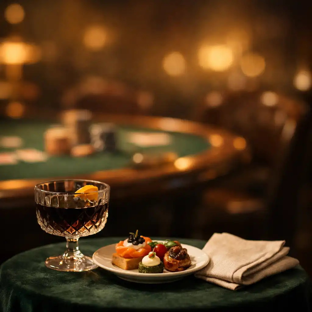 Cocktail and gourmet finger food on a velvet side table in the card room
