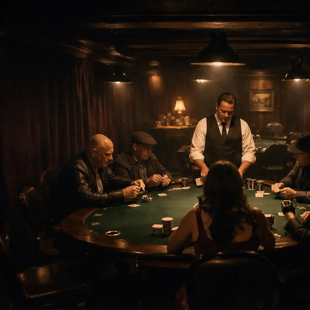 Cinematic view of the Velvet & Vault card room with poker tables and velvet drapes
