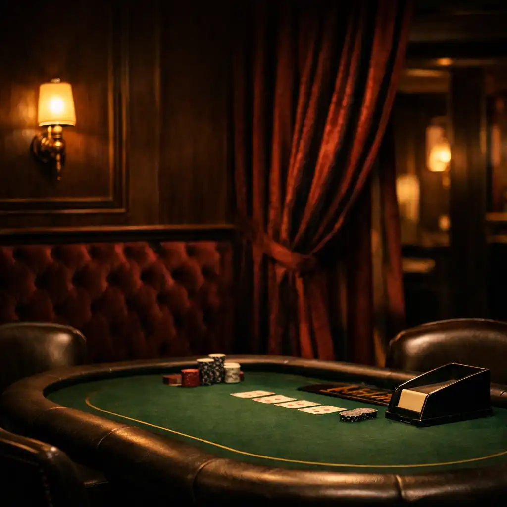 Interior of the Velvet & Vault card room with a round poker table, leather chairs, and warm low lighting