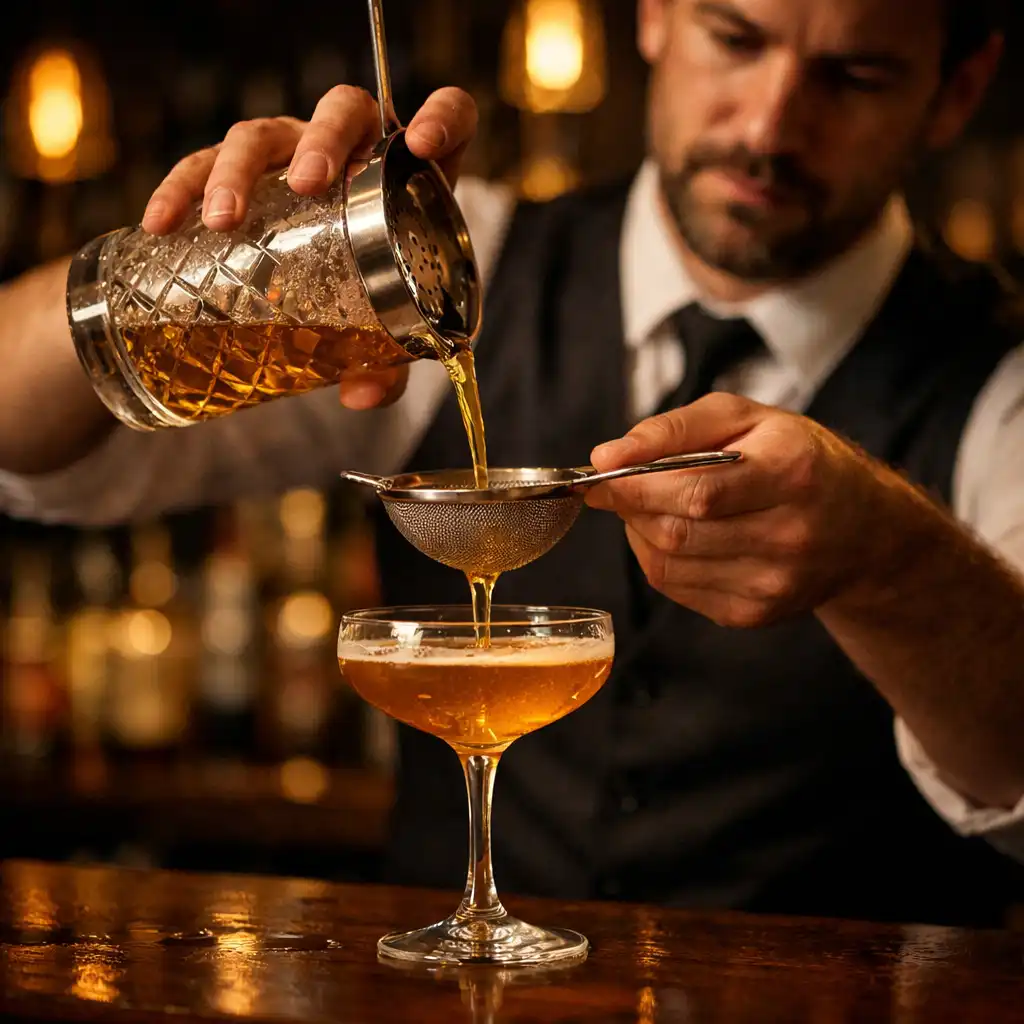 Bartender crafting a cocktail in a dimly lit bar