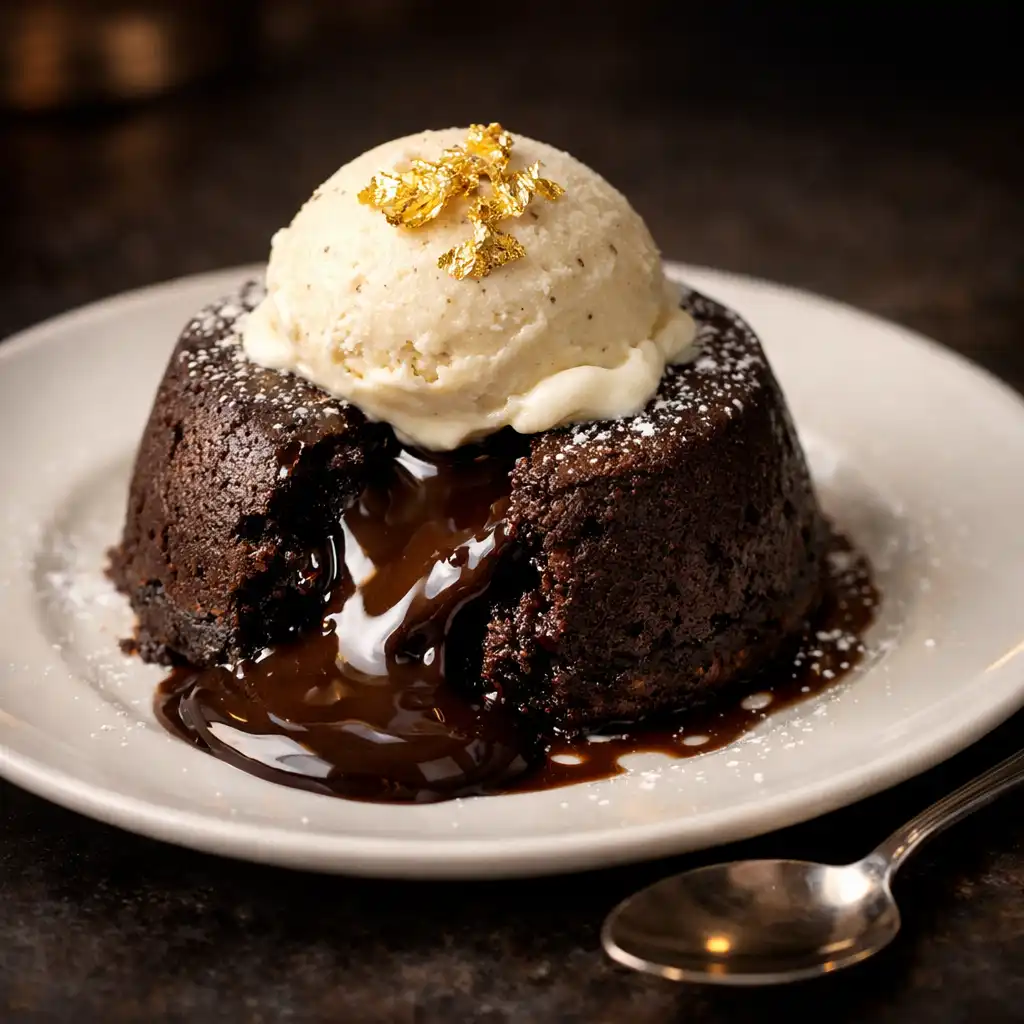 Dark chocolate fondant with molten centre and vanilla ice cream