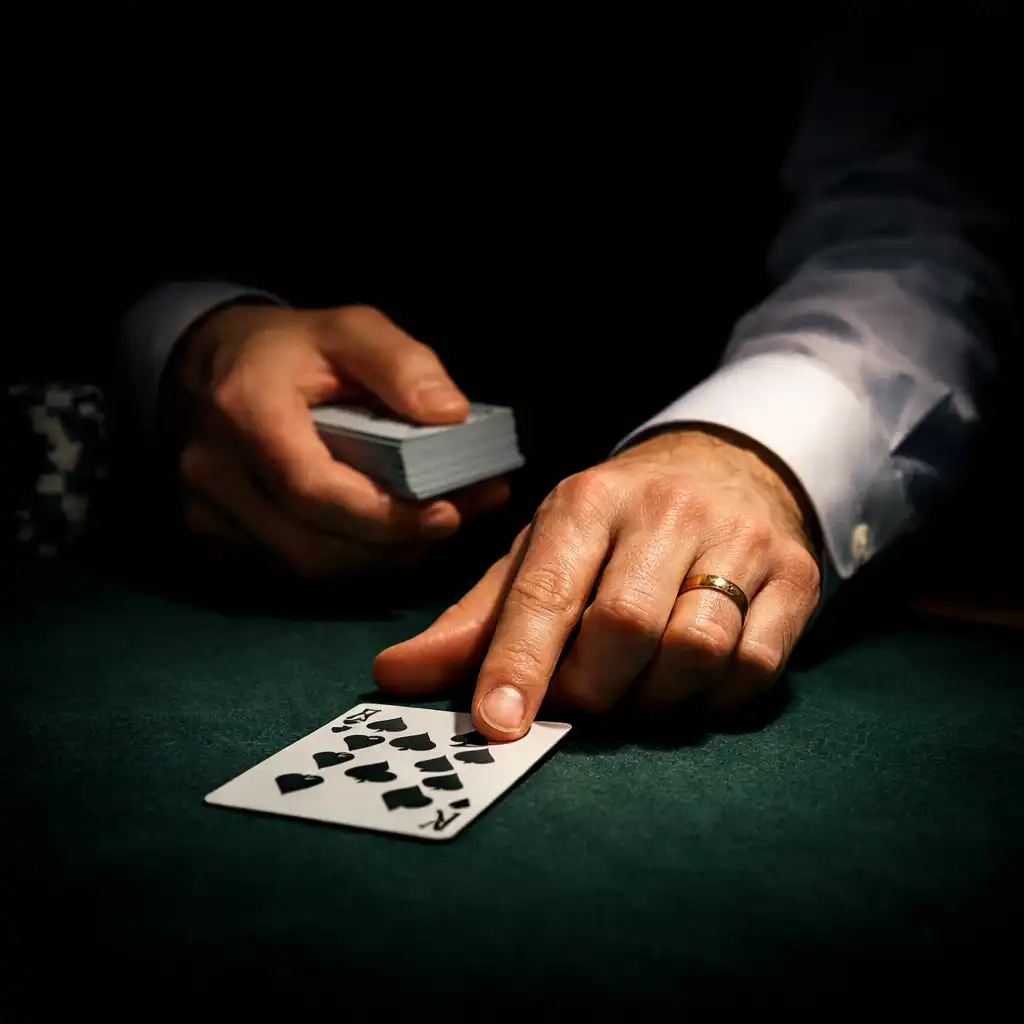 Dealer's hands dealing cards on a dark felt poker table