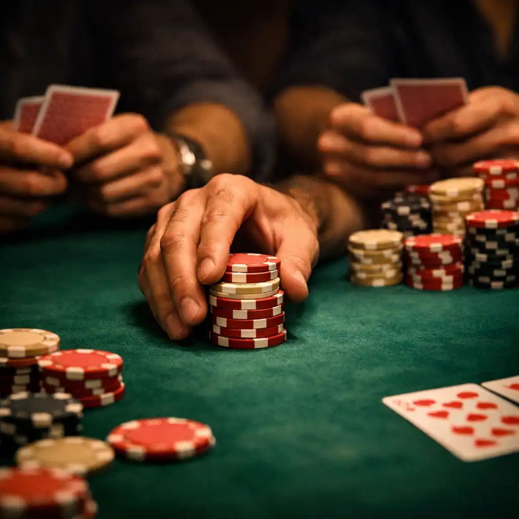 Close-up of hands at a poker table, one hand pushing a stack of chips forward while others hold cards