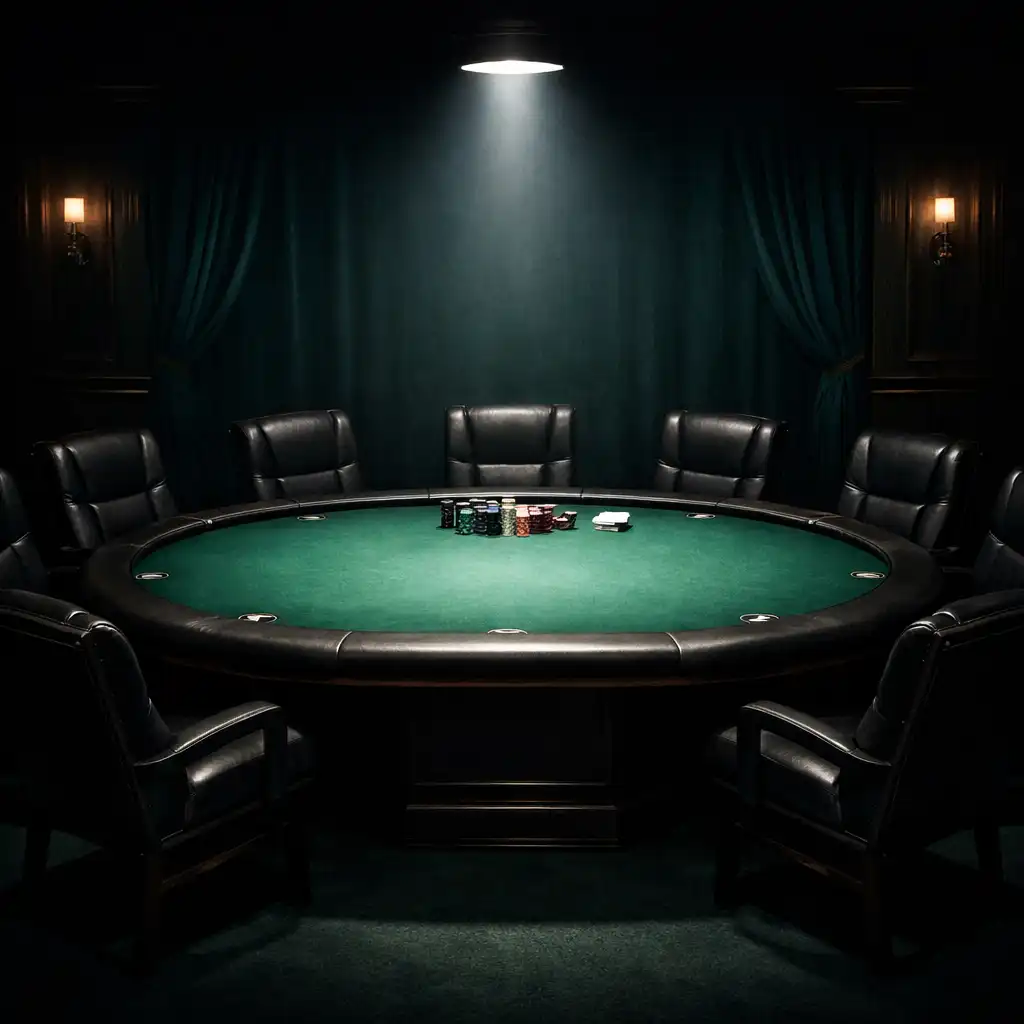 An empty final table under a dramatic spotlight in a dark poker room