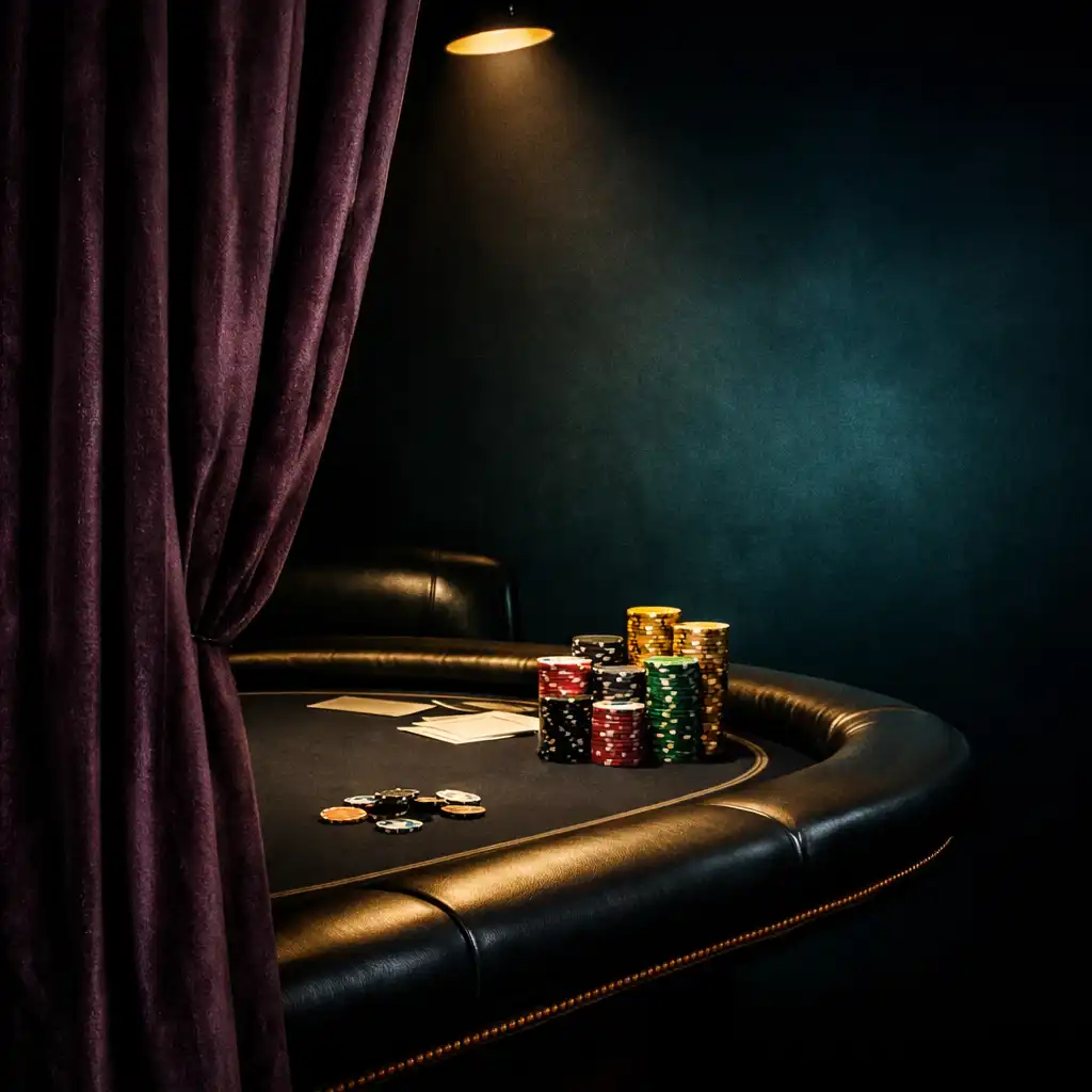 High roller corner with a velvet curtain and a single premium poker table under a spotlight
