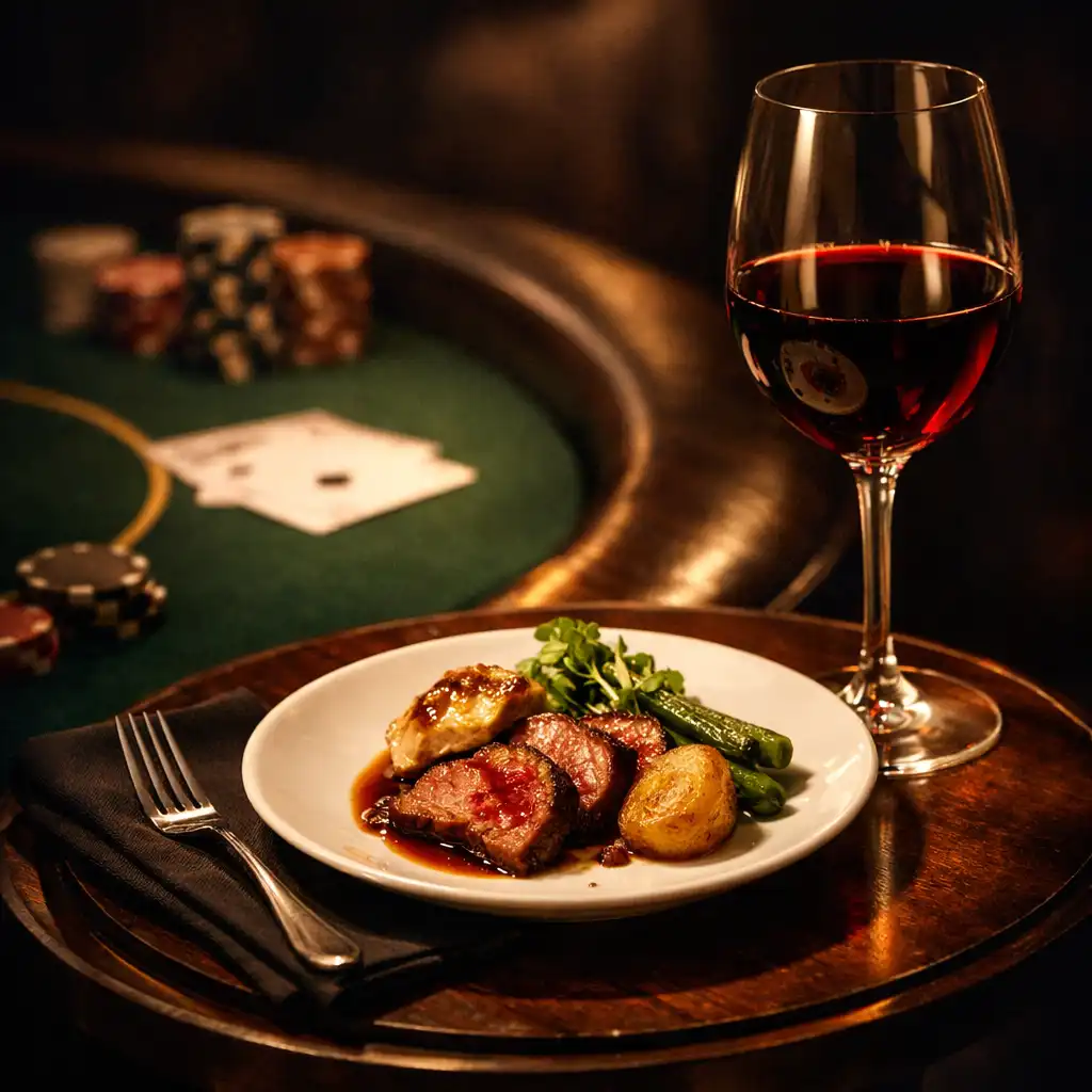 Table-side dining setup with a small plate of gourmet food and a glass of red wine beside a poker table