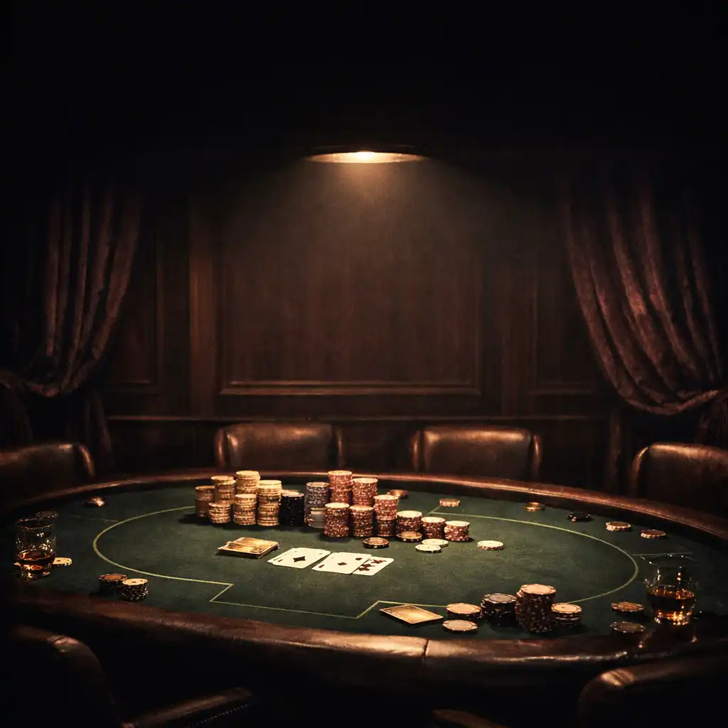 A dimly lit high roller poker table with stacks of chips under a warm spotlight, framed by deep plum velvet curtains