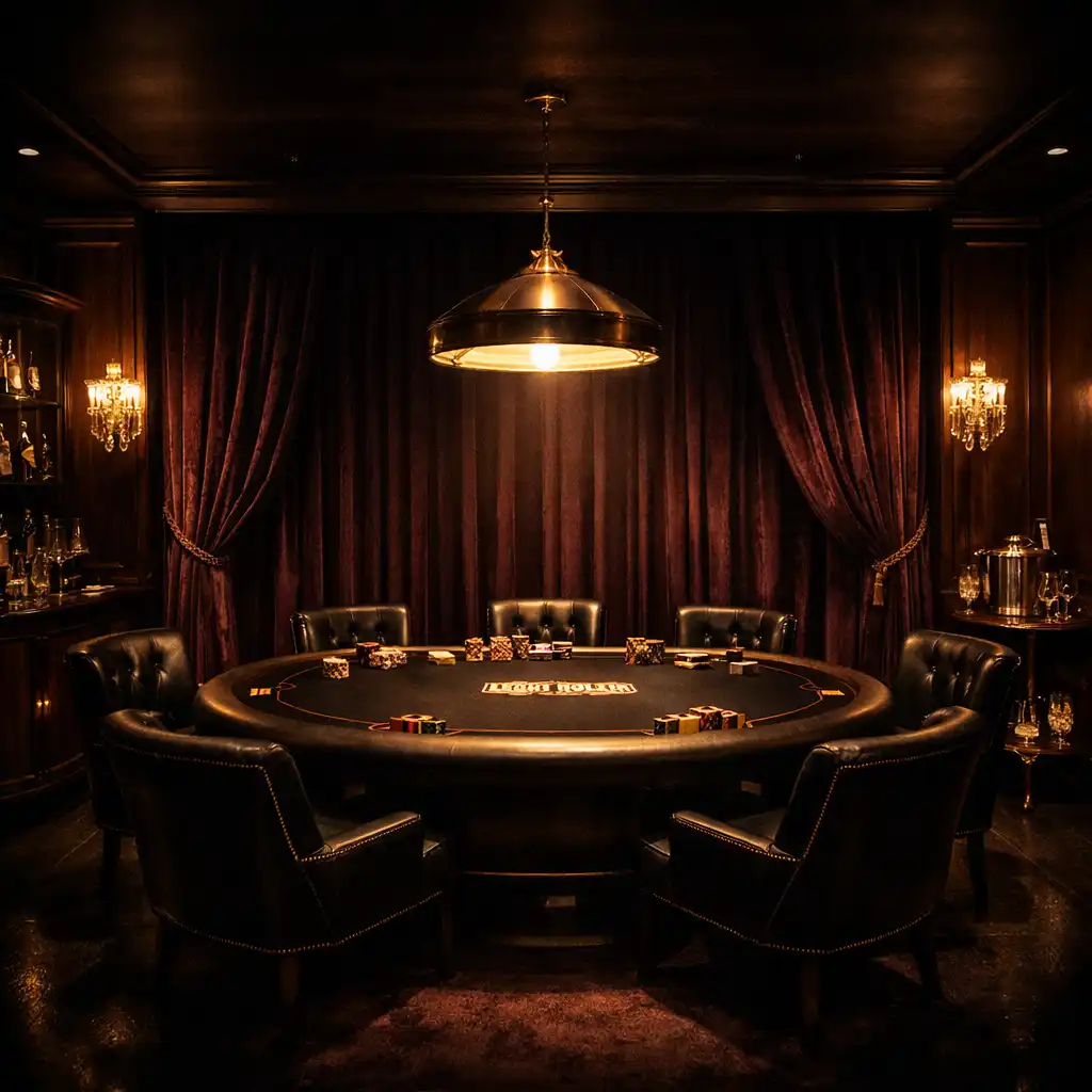 Wide interior view of the High Roller room with dark timber panelling, plum velvet curtains, and a single poker table under a warm spotlight