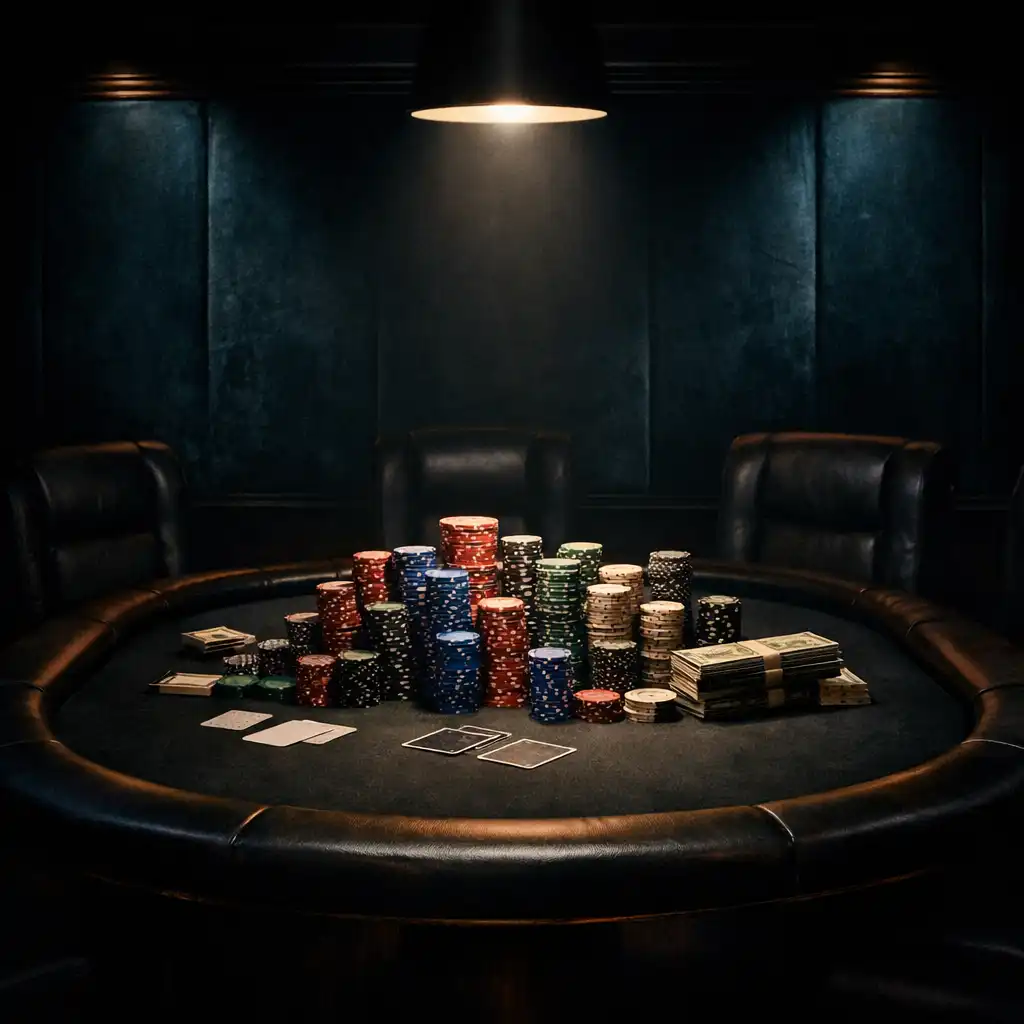 High roller poker room with a single oval table, high stacks of chips, and a spotlight in a dark teal interior