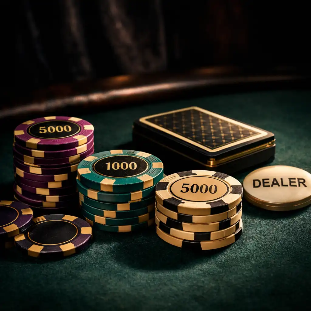 Close-up of a high roller poker table setting with high-denomination chips, a deck of cards, and a dealer button