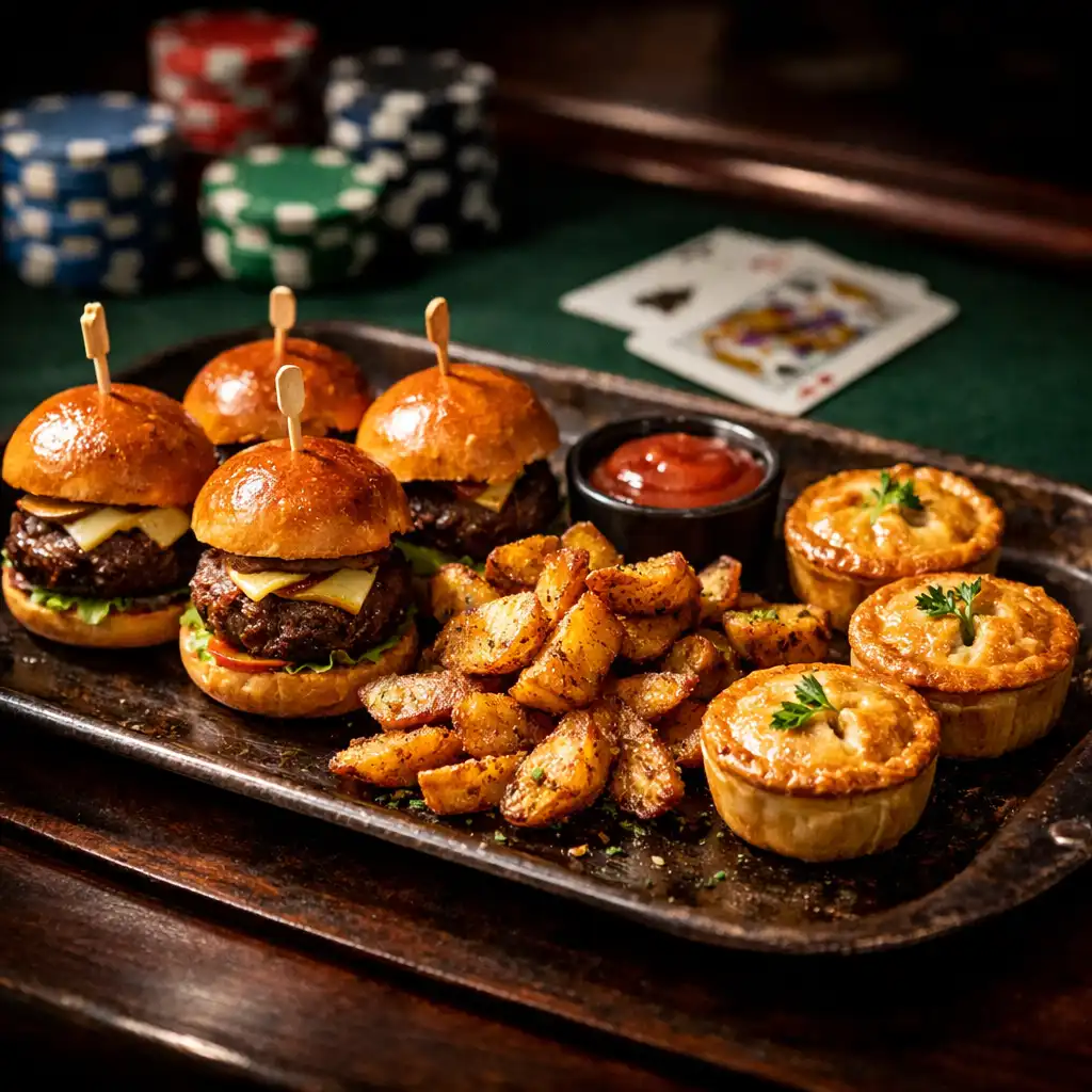 Poker Night Platter with sliders, mini pies, and crispy potatoes