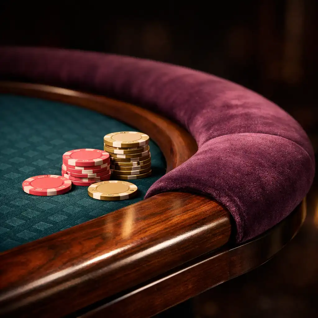 Close-up of a poker table edge showing dark timber, plum velvet rail, and teal felt