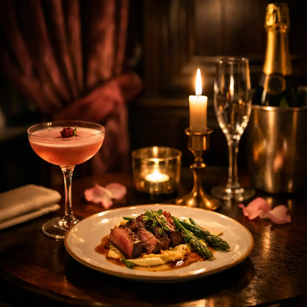 Elegant late-night dining table with a refined plate and cocktail, lit by candlelight in a dark restaurant