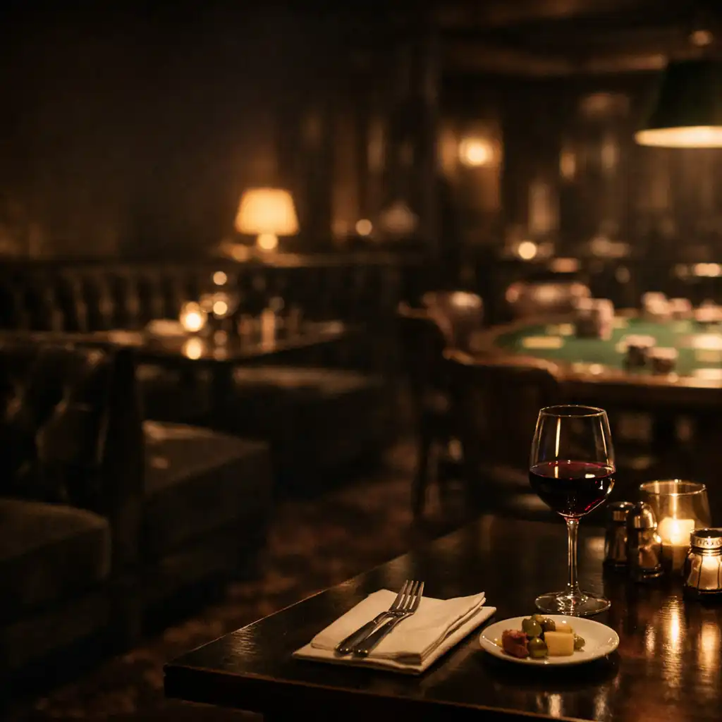 Dimly lit dining room with velvet banquettes and a poker table in the background