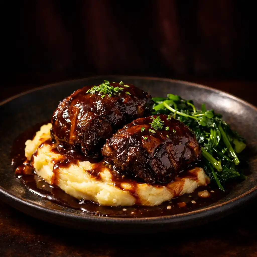 Slow-braised beef cheeks with mashed potatoes and greens on a dark plate