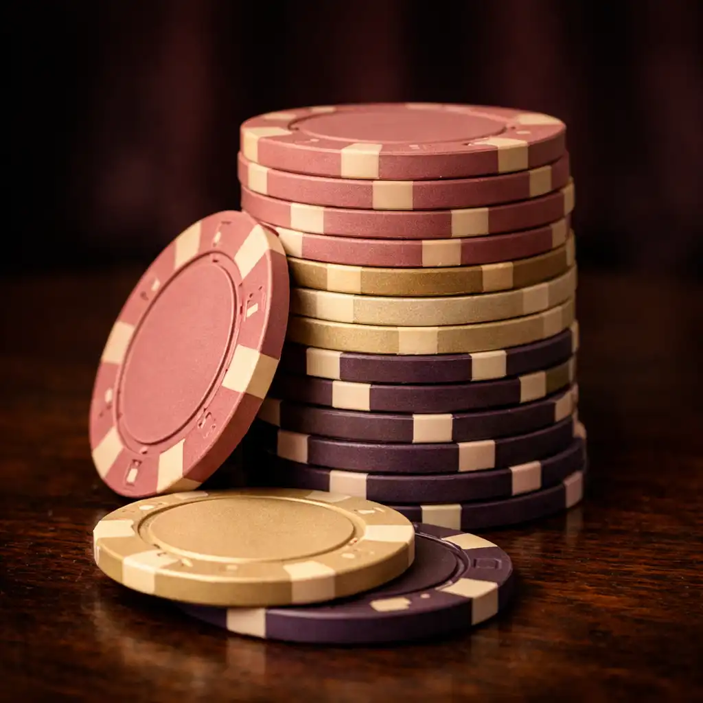 A neatly arranged starting stack of poker chips on a dark wooden table