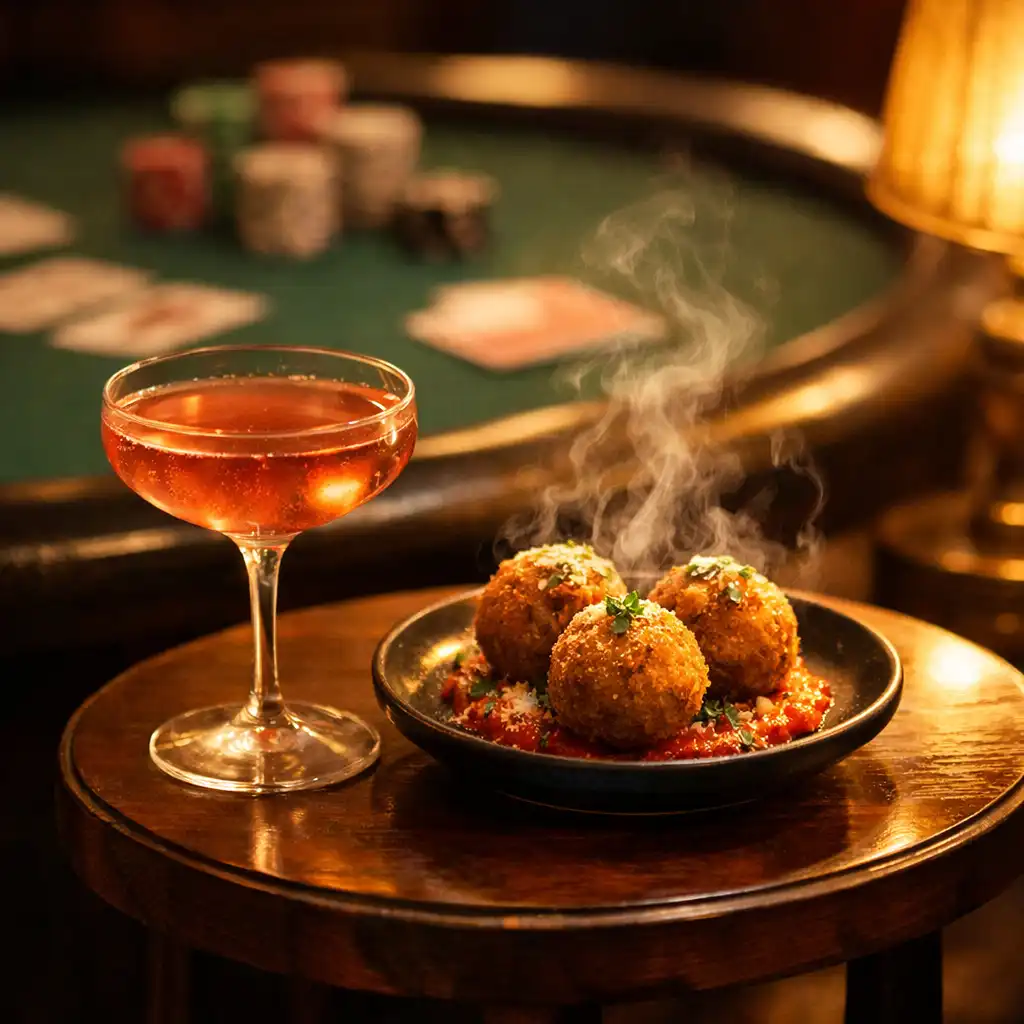Cocktail and small plate on a dark wood side table next to a poker table