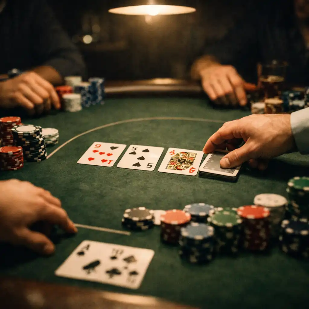 A close-up of a Texas Hold'em tournament table with chips and cards in play