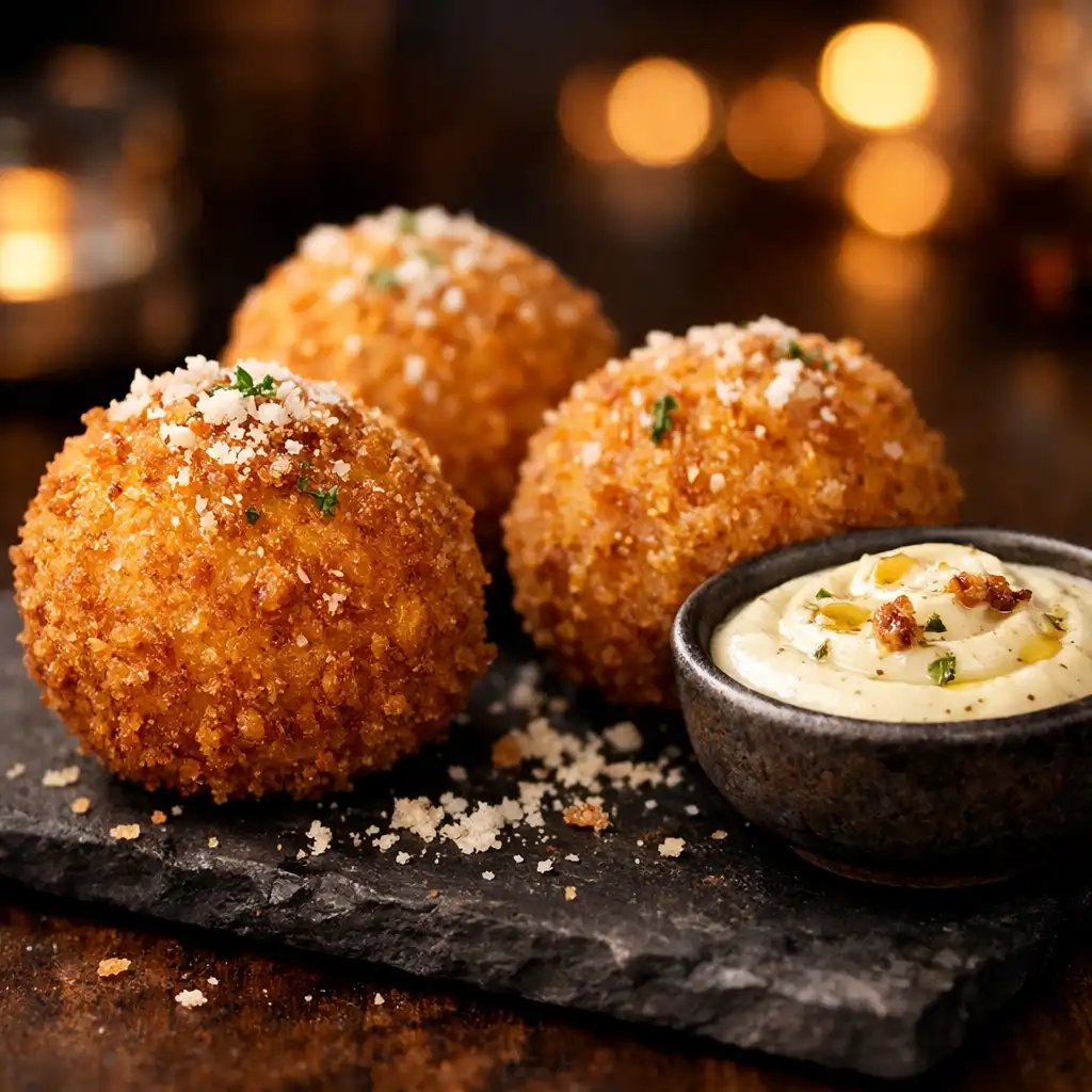 Golden truffle arancini with roasted garlic aioli