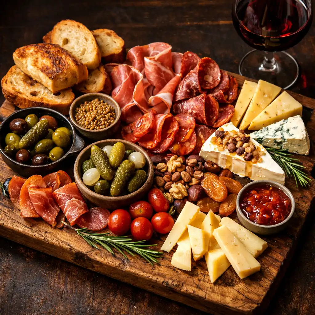 The Vault Board with cured meats, cheeses, pickles, and warm bread