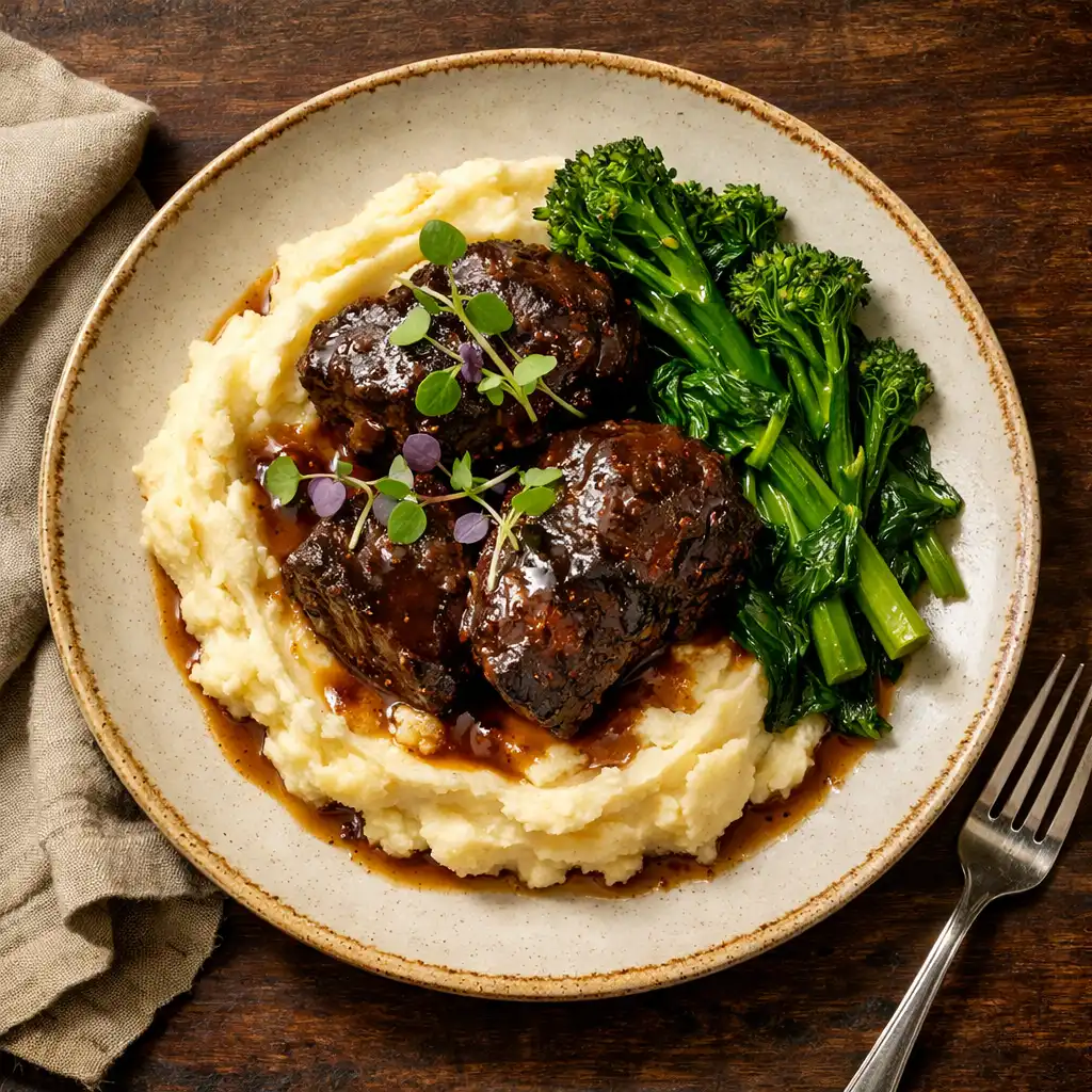 Velvet Beef Cheeks with creamy mashed potatoes and seasonal greens
