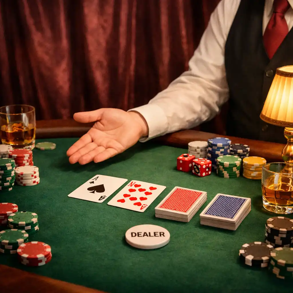 Welcoming poker table setting with a dealer's hand gesturing to neatly arranged chips and cards under soft warm light